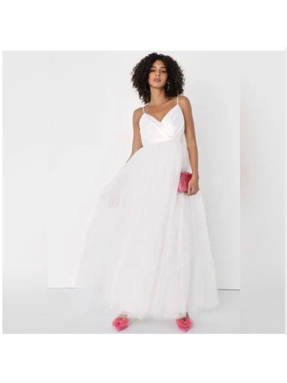 Women's Lulus White Glitter Sleeveless Tulle Maxi Dress XS